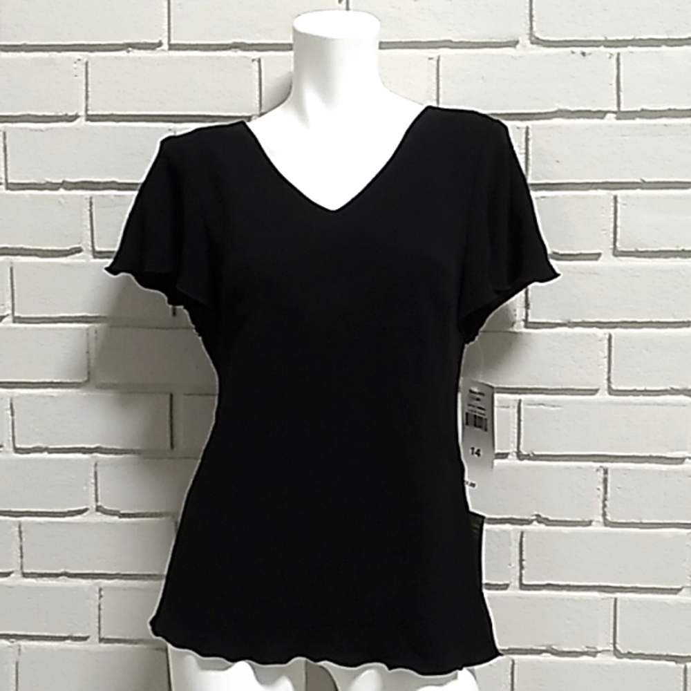 S.L. Fashions Women's Black Ruffle Dress Blouse. Size 14 NWT